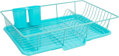 Sweet Home Collection Dish Rack Drainer 3 Piece Set with Drying Board and Utensil Holder, 5"D x 12"W x 17"H, Turquoise