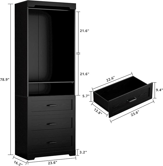 IRONCK Freestanding Closet System with 3 Wood Drawers, Modern Armoire Wardrobe with Adjustable Shelves & Hanging Rod, Walk-in Closet Systems Organizer, Black