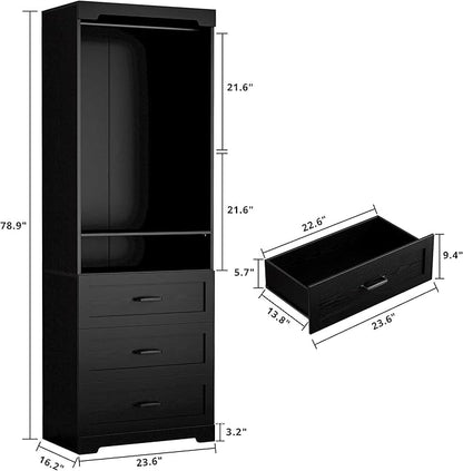 IRONCK Freestanding Closet System with 3 Wood Drawers, Modern Armoire Wardrobe with Adjustable Shelves & Hanging Rod, Walk-in Closet Systems Organizer, Black