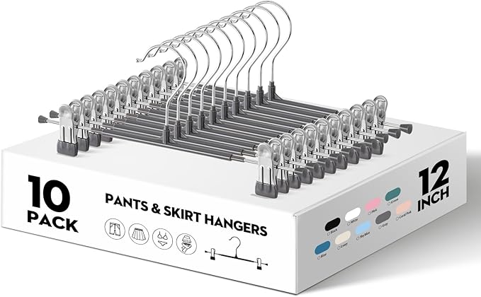 Pants Hangers with Clips 10PACK Adjustable Skirt Hangers for Women Metal Non-Slip Trousers Hanger Heavy Duty Space Saving Clothes Hanger for Shorts,Jeans,12Inch Gray