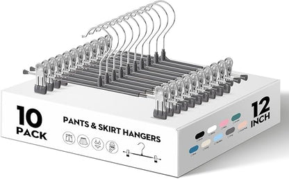 Pants Hangers with Clips 10PACK Adjustable Skirt Hangers for Women Metal Non-Slip Trousers Hanger Heavy Duty Space Saving Clothes Hanger for Shorts,Jeans,12Inch Gray