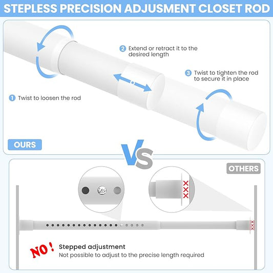 2 Pack Closet Rods for Hanging Clothes, 17 to 28 Inch Heavy Duty Stepless Adjustable Closet Hanging Rod, 1.3 Inch Diameter Metal Closet Rod for Wardrobes Laundry Bedroom RV, White