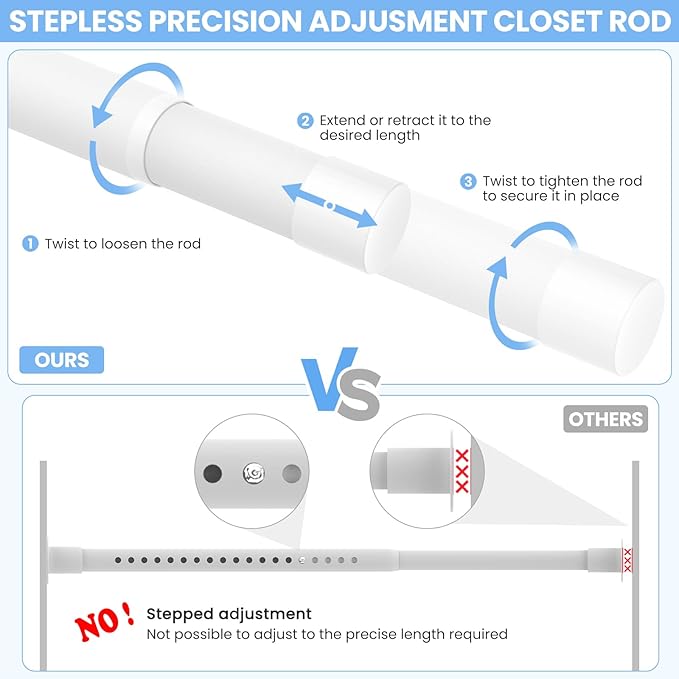3 Pack Closet Rods for Hanging Clothes, 17 to 54 Inch Heavy Duty Stepless Adjustable Closet Hanging Rod, 1.3 Inch Diameter Metal Closet Rod for Wardrobes Laundry Bedroom RV, White
