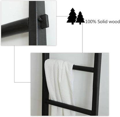 Wooden Blanket Ladder - Natural & Motley Wood - Leaning Wall Decor for Bedroom, Bathroom, Living Room - Rustic Quilt Holder & Towel Rack (Black Wood Color, 76in（6-Tier）)