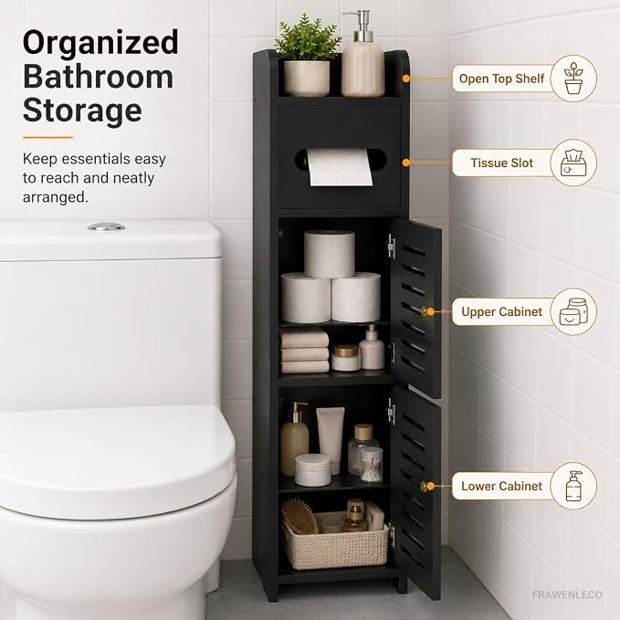 Toilet Paper Holder Stand, Small Bathroom Storage Cabinet with Doors and Toilet Paper Storage, Slim Floor Standing Shelf for Small Spaces,Toilet Storage Cabinet for Bathroom,Black