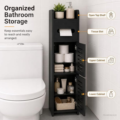 Toilet Paper Holder Stand, Small Bathroom Storage Cabinet with Doors and Toilet Paper Storage, Slim Floor Standing Shelf for Small Spaces,Toilet Storage Cabinet for Bathroom,Black