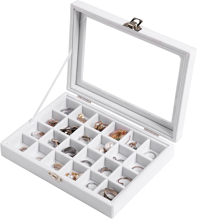 Frebeauty 24 Grid Jewelry Tray,Velvet Stud Earring Organizer,Small Jewelry Organizer with Clear Lid,Lockable Earring Holder Organizer Jewelry Boxes & Organizer Ring Holder for Women & Girls(White)