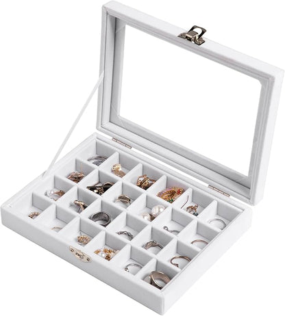 Frebeauty 24 Grid Jewelry Tray,Velvet Stud Earring Organizer,Small Jewelry Organizer with Clear Lid,Lockable Earring Holder Organizer Jewelry Boxes & Organizer Ring Holder for Women & Girls(White)
