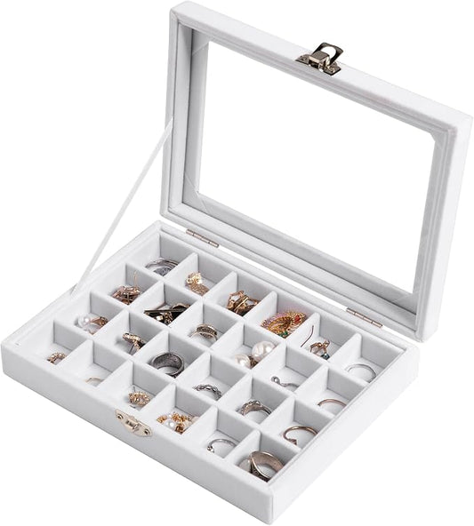 Frebeauty 24 Grid Jewelry Tray,Velvet Stud Earring Organizer,Small Jewelry Organizer with Clear Lid,Lockable Earring Holder Organizer Jewelry Boxes & Organizer Ring Holder for Women & Girls(White)