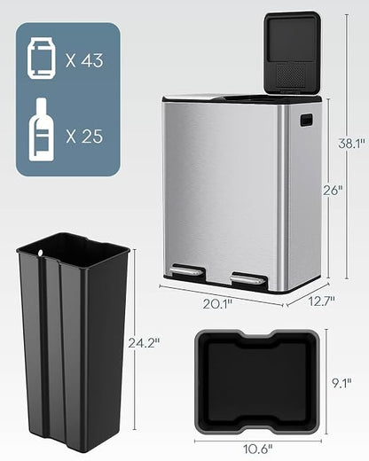 ComfyCorner 16 Gal (2 x 30 L) Dual Trash Can, Stainless Steel Kitchen Garbage Bin, Recycle Dustbin with Odor Control Box, Soft-Close Lid, Inner Buckets, Side Handle, Step Pedal, for Home Office