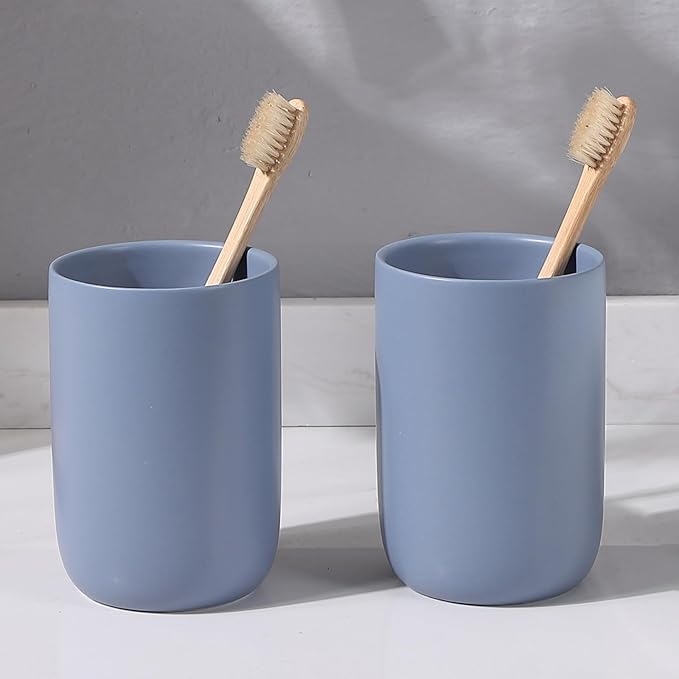 Toothbrush Holders for Bathrooms - 2 Cups Ceramic Toothbrush Toothpaste Holders Set, Blue Bathroom Tumbler Cups Reusable Toothbrush Mouthwash Cup, Bathroom Counter Organizer.
