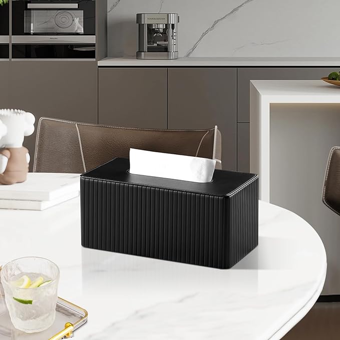 MEIBOOCH PU Leather Tissue Box Cover for 120(3-Ply)/ 160(2-Ply) Count Box of Tissues, Rectangle Tissue Box Holder for Bathroom Bedroom Living Room Office (Black Stripe)
