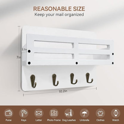 Key Holder Wall Mount Farmhouse Key Hooks for Wall with Mail Organizer Decorative Key Rack with 4 Sturdy Hooks for Dog Leash, Sunglasses, Rustic, Paulownia Key Hanger for Entryway
