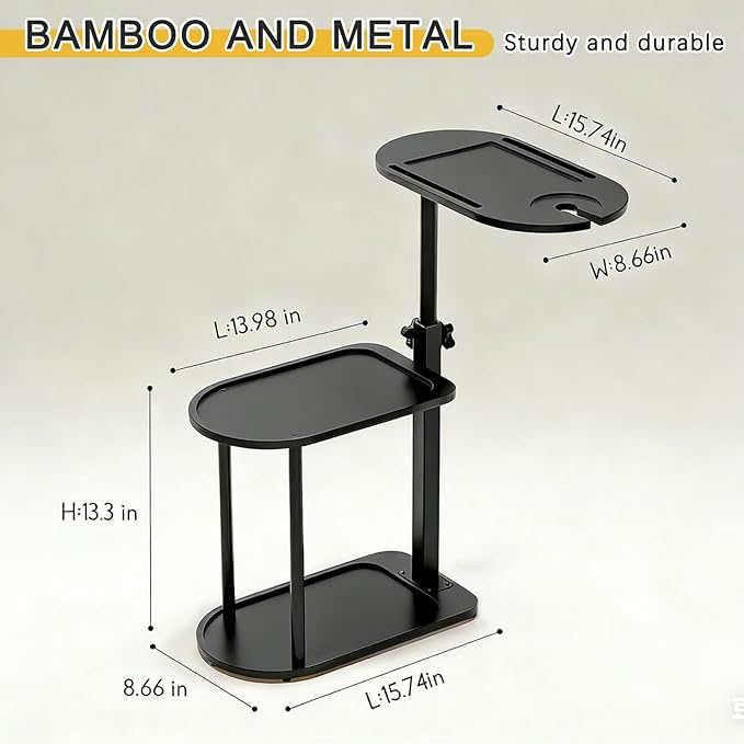 3-Tier Freestanding Bathtub Tray Table, Bamboo Swivel Bathtub Side Table with Height Adjustable Design, Standing Bath Tray for Tub Against Wall, Bathroom Organizer for Luxury Home Spa (Black)