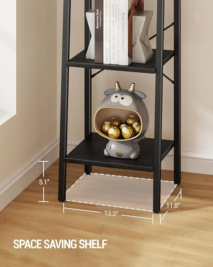 Ladder Shelf, Bookshelf Bookcase, Freestanding Corner Storage Shelve with 2 Hooks for Home Office, Living Room, Kitchen, Bedroom, Industrial, 11.8" D x 13.4" W x 47.2" H, Black BC13204B