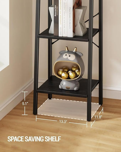 Ladder Shelf, Bookshelf Bookcase, Freestanding Corner Storage Shelve with 2 Hooks for Home Office, Living Room, Kitchen, Bedroom, Industrial, 11.8" D x 13.4" W x 47.2" H, Black BC13204B