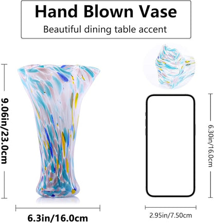 9.0" H Blue Glass Vases for Flowers, Unique Hand Blown Glass Vase Blue Home Decor, Wide Mouth Colorful Flower Vase Centerpieces, for Living Room Table Bookshelf, Bathroom Office Shelf Decorative