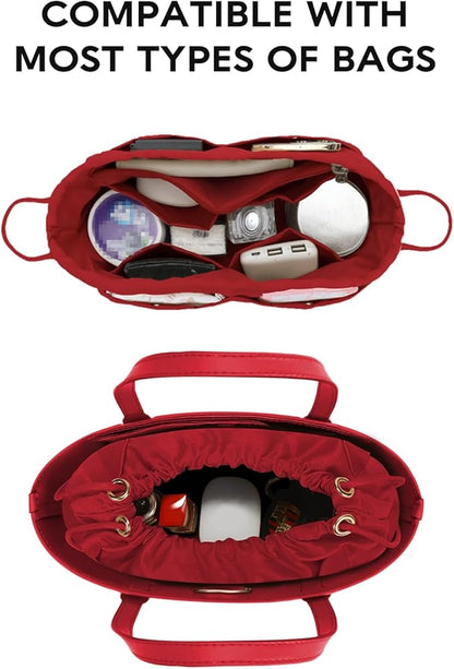 GIVLEFLY Purse Organizer Insert with Multiple Pockets, Drawstring Satin Tote Bag Organizer,Light Weight Purse Liner with Zipper Pocket (Medium,Red) Fit for Longchamp,Neverful Small Size and More