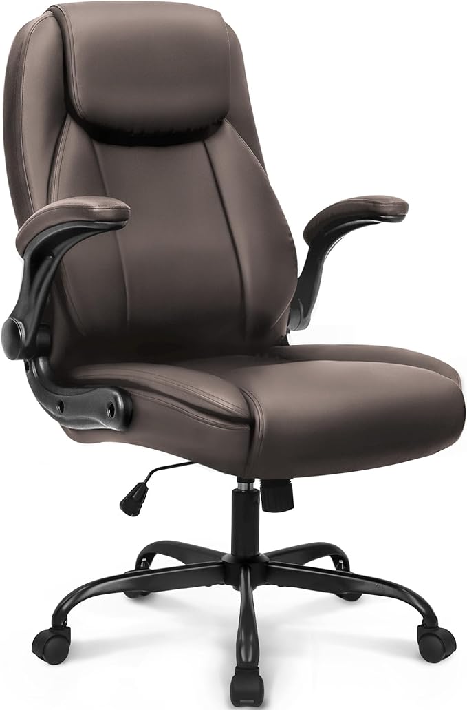 NEO CHAIR Ergonomic Office Desk Gaming Computer Chair Executive High Back Support Flip-up Arms Adjustable Height Swivel Rolling Wheels Comfy PU Leather for Home (Brown)