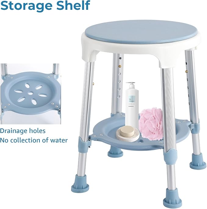Shower Chair Stool for Inside Shower, Small Corner Plastic Stool for Shower 300 Lb,360° Swivel Bath Shower Seat for Seniors Adults Sitting, Adjustable Bathtub Stool with Storage Tray (Blue)