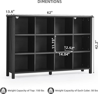 12 Cube Storage Organizer, Farmhouse 62 Inch Wide Black Oak Display Bookshelf, Wooden 3 Tier Large Open Book Shelf, Vintage Bookcase for Home Office, Cubby Cabinet for Living Room, Office