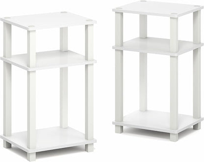 Furinno JUST Side Table Set of 2, 3-Tier Open Shelf Modern End Table, Toolless Assembly Night Stand, Bedside Table with Square Tube, for Living Room, Bedroom, White