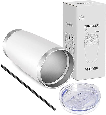 VEGOND 20oz Tumbler with Lid and Straw Stainless Steel Tumbler Cup Vacuum Insulated Double Wall Travel Coffee Mug Powder Coated Coffee Cup(White 1 Pack)