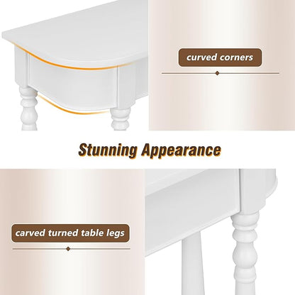 HMFULE Retro Curved Console Table, 36" Solid Wood Half Moon Console Table Sofa Table Entryway Table with 1 Drawer 1 Open Shelf Roman Legs Curved Corners for Living Room,Entryway,Hallway,White