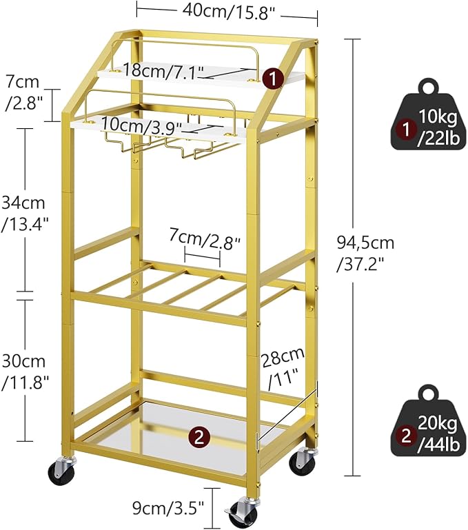 Bar Cart with Mirrored Shelf, Serving Cart for Home, Drink Cart with Wine Rack, Rolling Kitchen Cart with Wheels, Glass Holder, for Kitchen, Dining Room, Gold and White RCJW67M01