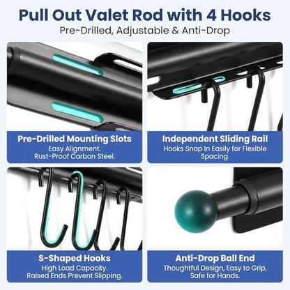 12 Inch Valet Rod for Closet Pull Out, Heavy Duty Carbon Steel Retractable Closet Rod with 4 Hooks, Slide Out Butler Hanger for Laundry Room, Bedroom, Black