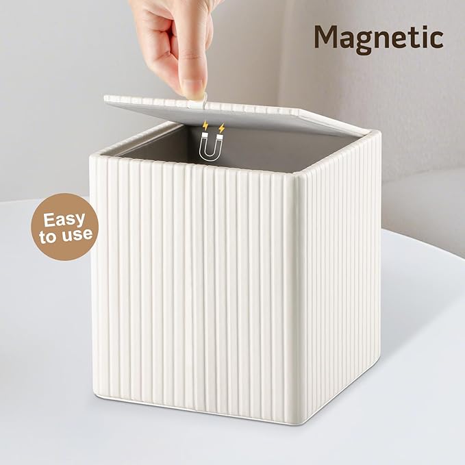 KINGFOM Square Pu Leather Tissue Box Cover, Modern Facial Tissue Holder, Roll Tissues Paper Case Dispenser for Bathroom Vanity Countertop, Night Stands, Office Desk (Off-White Strips)