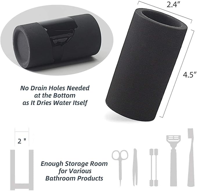 Fast-Drying Diatomite Toothbrush Holder - Bathroom Countertop Organizer Stand for Toothpaste, Makeup Brushes, Razors & Accessories (Black)