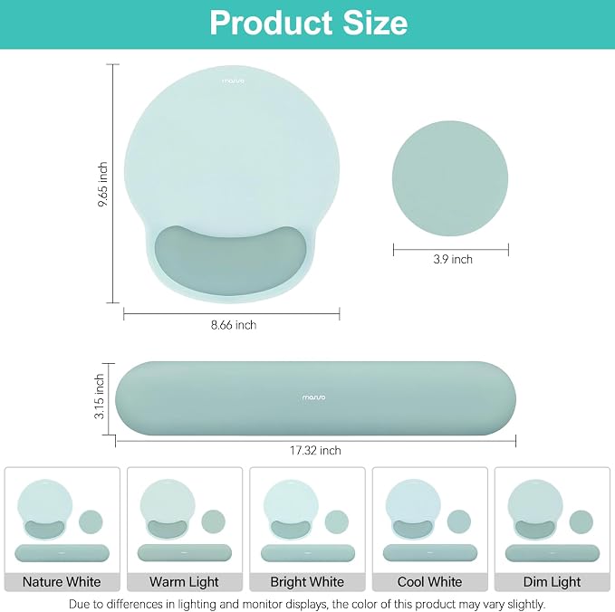 MOSISO Wrist Rest Support for Mouse Pad&Keyboard Set, Circle Curved Ergonomic Mousepad&Coaster Non-Slip Base Home/Office Pain Relief&Easy Typing Pad with Soft Cloth&Silicone Lining, Aquamarine