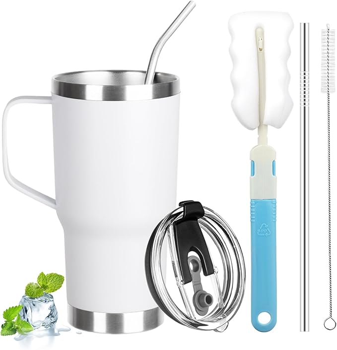 20 oz Tumbler with Handle, Stainless Steel Insulated Tumbler with Lid and Straw, Double Wall Vacuum Coffee Mug Tumbler, Insulated Coffee Thermal Cup for Cold and Hot (White)