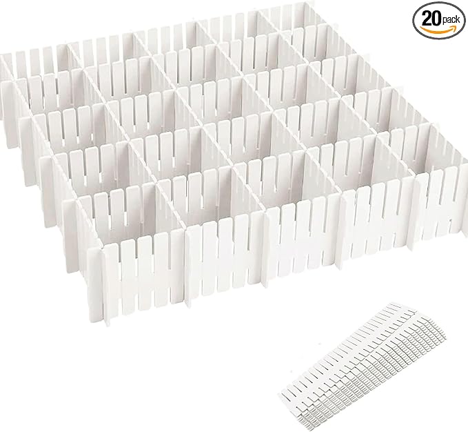 20 Pack Cuttable Drawer Dividers, Plastic Drawer Organizer Set, Storage Dividers for Closet & Kitchen Drawers, White/Blue