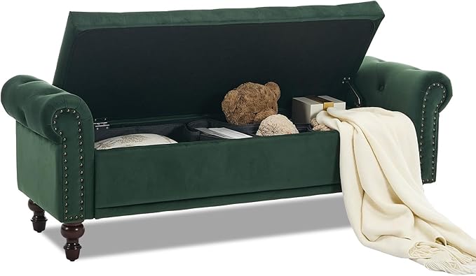 58.1" Storage Bench Upholstered Velvet End of Bedroom Bed Bench Ottoman with Tufted Cushioned Rolled Arm Large Storage Space for Reading Living Room Entryway,Dark Green