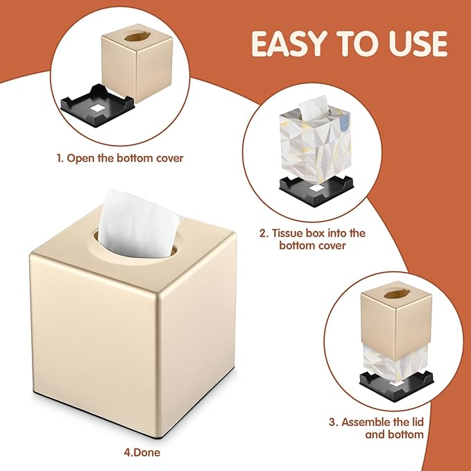 Y-in Hand Tissue Box Cover, Decorative Modern Square Facial Storage Tissue Box Holder, Home Accessories for Bathroom Vanity Countertops, Dressers, Night Stand, Parlors and Office - Champagne Gold