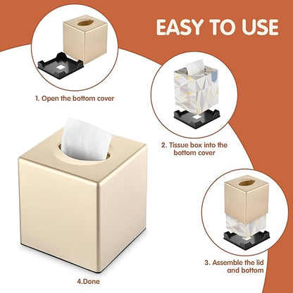 Y-in Hand Tissue Box Cover, Decorative Modern Square Facial Storage Tissue Box Holder, Home Accessories for Bathroom Vanity Countertops, Dressers, Night Stand, Parlors and Office - Champagne Gold