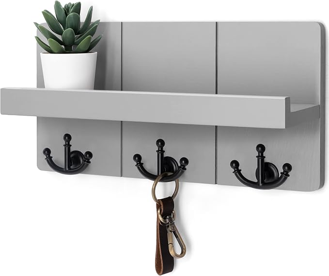 Rebee Vision Decorative Key Holder for Wall: Stylish Farmhouse Mail Organizer Wall Mount with Floating Shelf and 3 Anchor Key Hooks - Rustic Home Decor for Entryway (Light Gray)