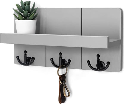 Rebee Vision Decorative Key Holder for Wall: Stylish Farmhouse Mail Organizer Wall Mount with Floating Shelf and 3 Anchor Key Hooks - Rustic Home Decor for Entryway (Light Gray)
