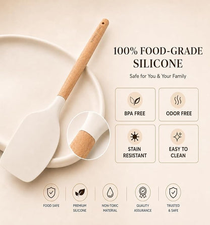 Silicone 10 Pcs Kitchen Cooking Utensils Set, Recycled Materials Certification, BPA Free Spatula Set with Heat Resistant Wood Handles for Nonstick Cookware, Cream White