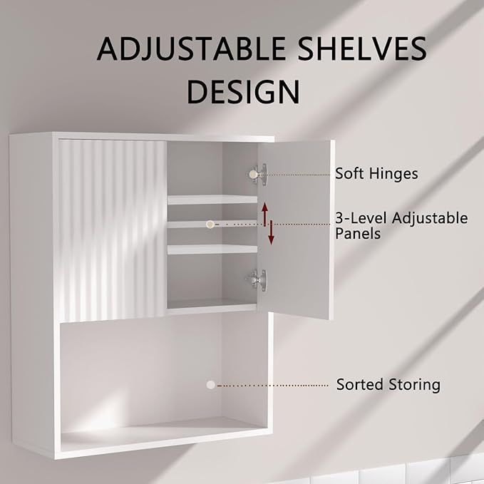 Fluted Bathroom Wall Cabinet Over The Toilet Storage,Wall Mounted Cabinet with Adjustable Shelf,Floating Cabinet Organizer Hanging Cabinet,Kitchen and Laundry Room Cabinets (White,1 PC)