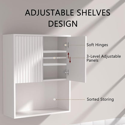 Fluted Bathroom Wall Cabinet Over The Toilet Storage,Wall Mounted Cabinet with Adjustable Shelf,Floating Cabinet Organizer Hanging Cabinet,Kitchen and Laundry Room Cabinets (White,1 PC)