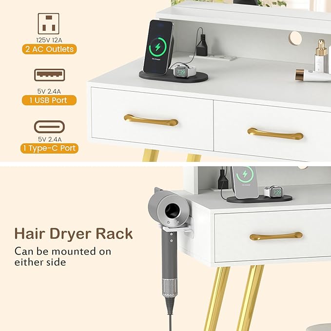 CHARMAID Vanity Desk with LED Mirror and Lights, Charging Station, 4 Drawers, Storage Cabinet & Shelves, Hair Dryer Holder, Modern Makeup Dressing Table with Stool for Bedroom, White & Gold