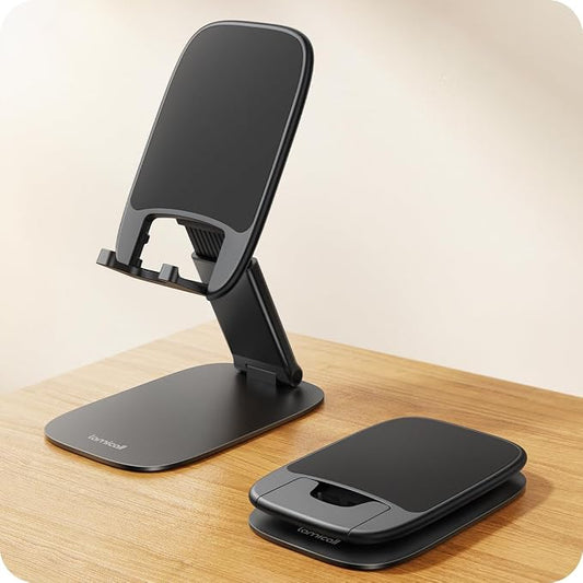 Lamicall Ultra-Thin Phone Stand for Desk, Foldable Cell Phone Holder Height Adjustable, Sturdy Weighted Base, Thick Case Friendly for Gaming Office, Fit iPhone 17 16 15 Pro Max, Galaxy S26, Switch
