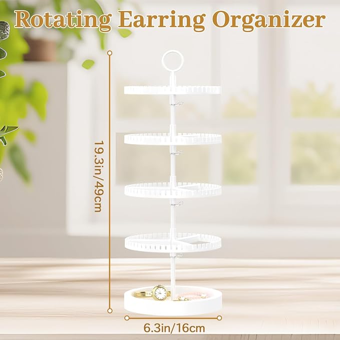 MODOWEY 4 Tier Rotating Earring Holder Organizer Display Tree with Wooden Tray, Adjustable Plastic Stand with 228 Slots for Stud Hoop Hanger, Large Capacity Storage Rack for Women Space Saving, White