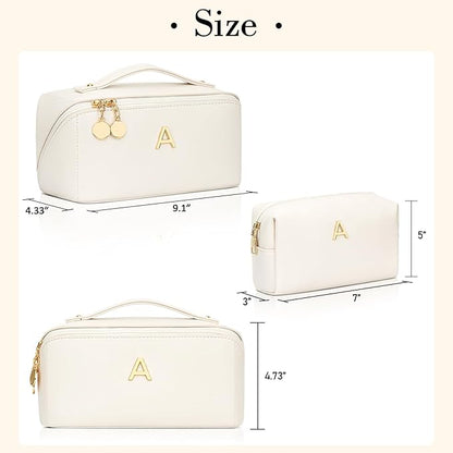 Valentine's Day Gifts for Women Teen Girl, Personalized Initial Makeup Organizer Bag Set, Open Flat Travel Cosmetic Bag With Clear Divider and Handle(Beige,A)