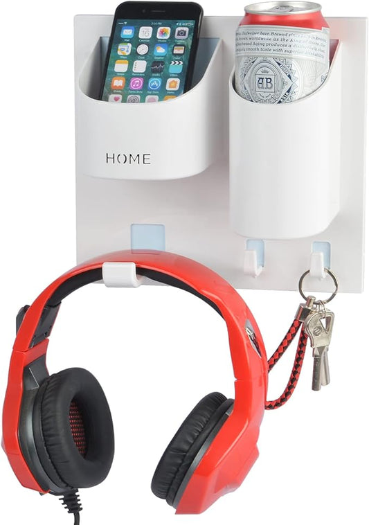 Bedside Shelf Wall Mounted Dorm Room Rack Organizer with Headset Stand Hanger,Drink Holder and Small Hooks-Use for Bedroom,Bathroom to Hold Remote,Glass,Cellphone,Beer,Solo Cup(Vertical Type/White)