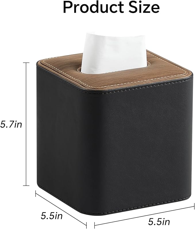 Cretkhp Tissue Box Cover Square, Modern PU Leather Tissue Holder with Magnetic Closure for Bathroom NightStands, Decorative Square Tissue Box Holder (Black)
