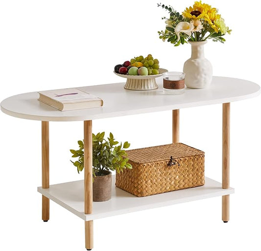 Aibiju Oval Coffee Table White, Small Wooden Coffee Table for Small Space, Tea Table Stand 35 * 16 * 17 inches, 2 Tier Center Table for Living Room White YD-012W